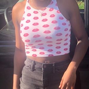 american apparel white with red lips crop top